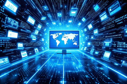 A computer monitor displaying a world map surrounded by streams of data and digital elements on a glowing blue background. Concept of technology. Ai generative.
