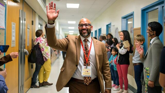 A school principal welcomes new students at the beginning of the school year