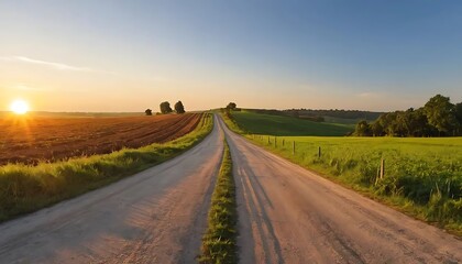 Sunset Country Road Scenic Rural Landscape View