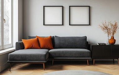 Fototapeta premium Modern grey sectional sofa in minimalist living room.