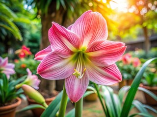 Naklejka premium Close-up Pink Amaryllis Flower Bloom in Thai Garden - Hippeastrum puniceum