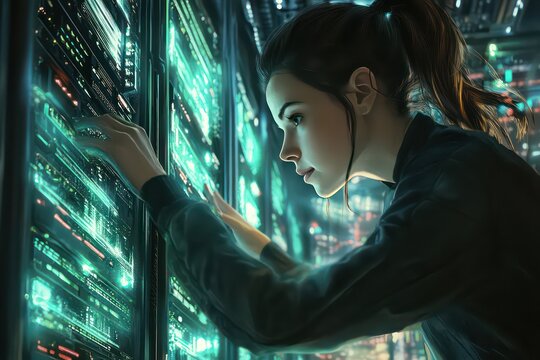 A female IT engineer with a focused expression, pushing a new server into place inside a rack, with a high-tech data center stretching into the background.