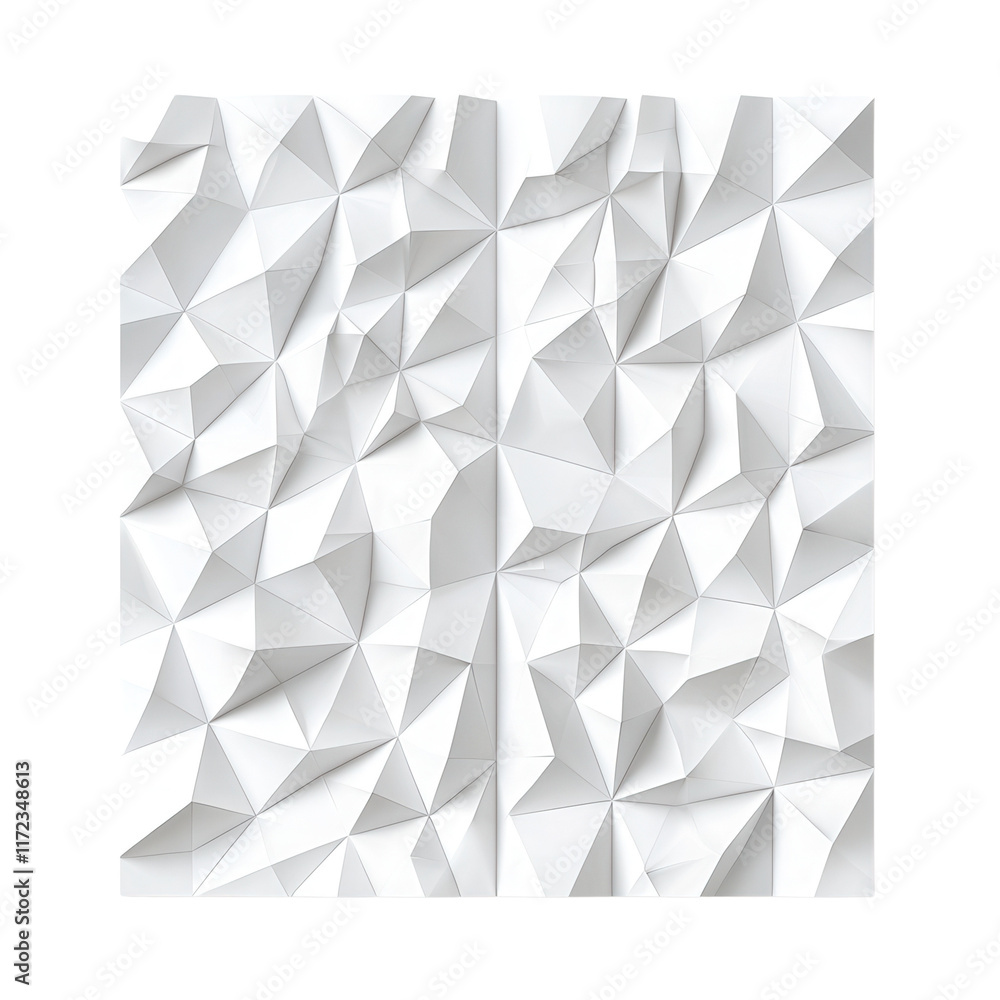 Poster a crumpled, textured surface displaying an intricate pattern of geometric shapes and folds in a whit