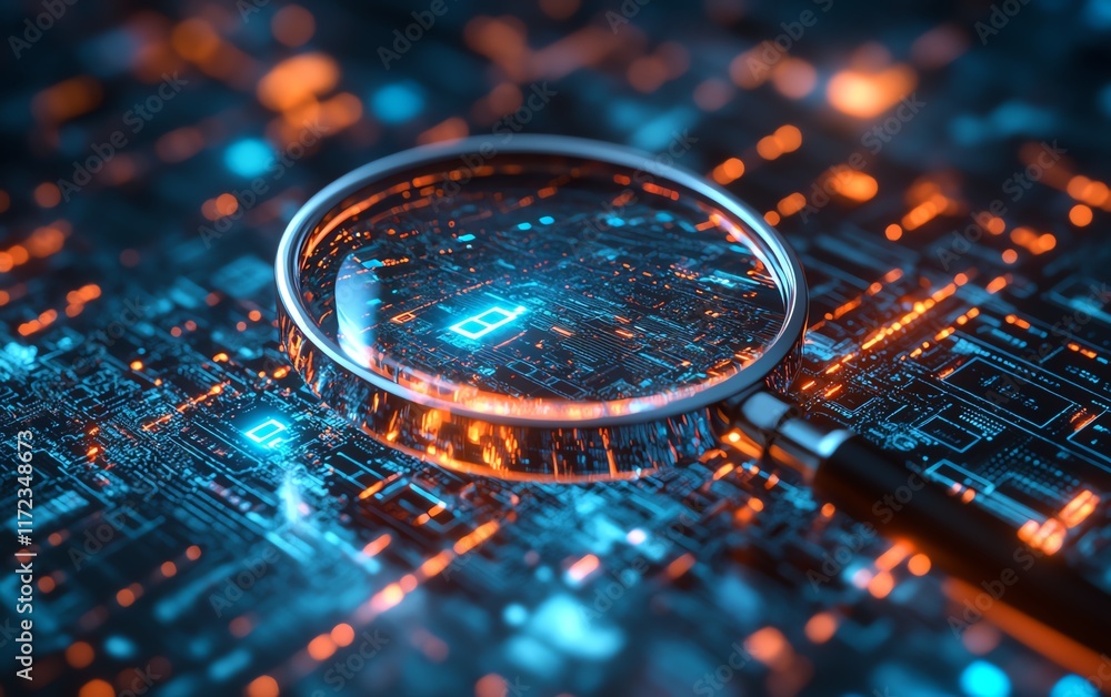 Poster a magnifying glass on a document, highlighting it security risk assessment, surrounded by an abstrac