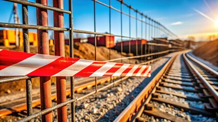 Construction Site Warning: Red & White Striped Hazard Tape on Rusted Wire, Sunny Day Gravel Path Stock Photo