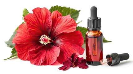 Fototapeta premium Red hibiscus flower and essential oil bottle.