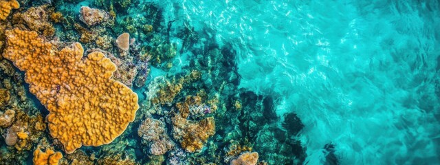 An abstract aerial view of a coral reef in shallow turquoise waters, Coral reef scene, Abstract style