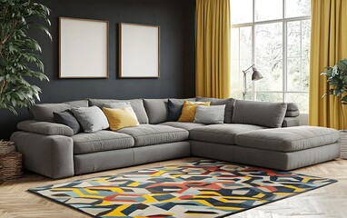 Fototapeta premium Modern living room sectional sofa, patterned rug, large window.