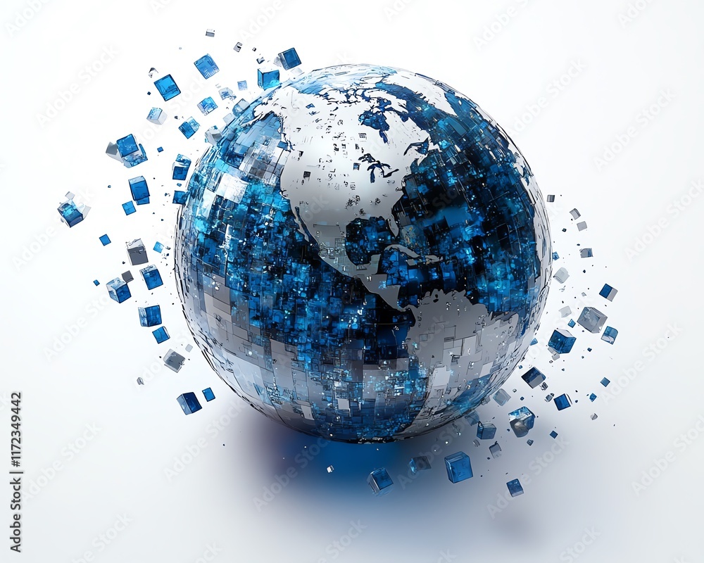 Poster a modern blue and silver digital globe on a white background, surrounded by a network of small float