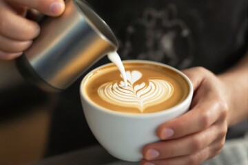 Close-up of hands pouring milk into a coffee cup, creating intricate latte art. Soft focus, on a dark background. Concept of coffee art. Ai generative