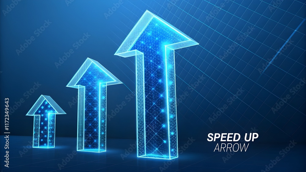 Poster blue speed growth up arrows set. isolated digital abstract arrow with glowing neon lines, connected 