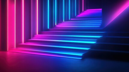 Neon glowing stairs in a dark room with vibrant pink and blue light.