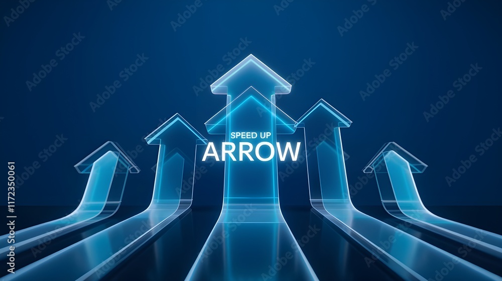 Poster blue speed growth up arrows set. isolated digital abstract arrow with glowing neon lines, connected 