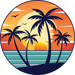 Obraz premium Scenic Tropical Sunset with Palm Trees and Birds – Vibrant Logo Design