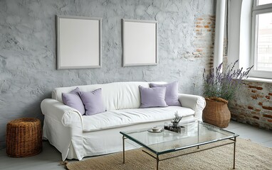 Obraz premium Cozy living room, white sofa, lavender, loft interior, mockup frames.