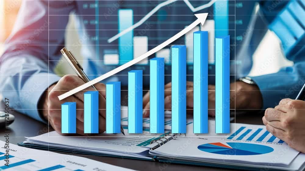 Aufkleber business professionals analyze graphs and charts, focusing on growth and strategy in a corporate set