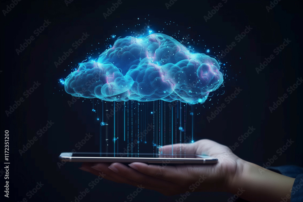 Aufkleber futuristic depiction of a human brain with digital data streams emanating from a smartphone, symboli