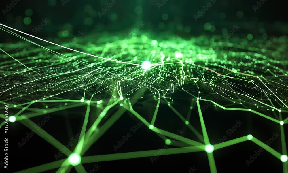 Poster abstract green network visualization: interconnected nodes and lines representing data flow and conn