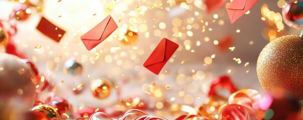 Fototapeta premium Chinese new year red envelopes concept. Red envelopes floating in a stream of golden light, surrounded by festive ribbons and vibrant decorations