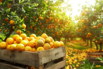 Wooden crate filled with freshly harvested oranges in a sunlit citrus orchard, showcasing vibrant, ripe fruit amid lush trees