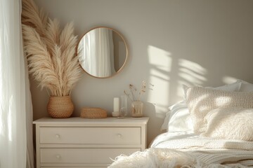 Minimalist bedroom with pampas grass and natural decor