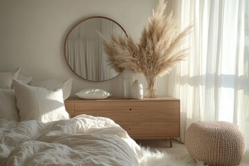Minimalist bedroom with soft natural light and bohemian decor