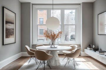Scandinavian-style dining room with natural light and decor