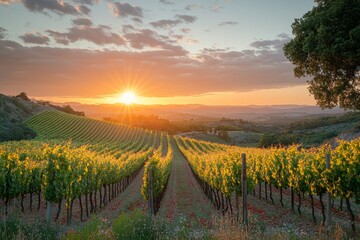 Naklejka premium Rows of grapevines in a vineyard at golden hour