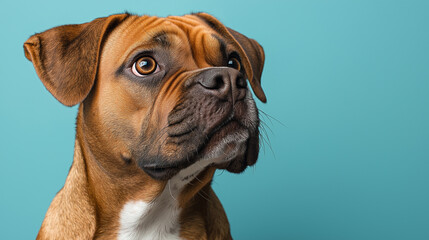 Fototapeta premium Boxer Dog Portrait: A captivating close-up of a fawn Boxer dog against a teal background, showcasing its expressive eyes and endearing features. The image exudes loyalty, warmth, and canine charm. 