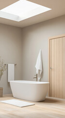 Modern bathroom design featuring a freestanding tub and natural light from skylight
