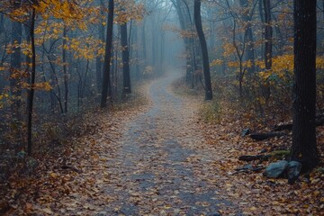 Obraz premium Forest pathway covered in autumn leaves with soft sunlight