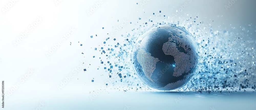 Poster blue and silver digital globe on a minimalist white background, surrounded by dynamic small cubes re