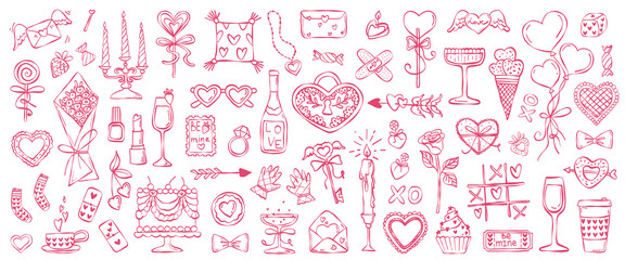 Set of vector images in sketch style for Valentine's Day. Set of simple ink cute bouquet,  sunglasses, rose, balloons, amour arrow, candles, cake, vine isolated on white background. Hand drawn line ar