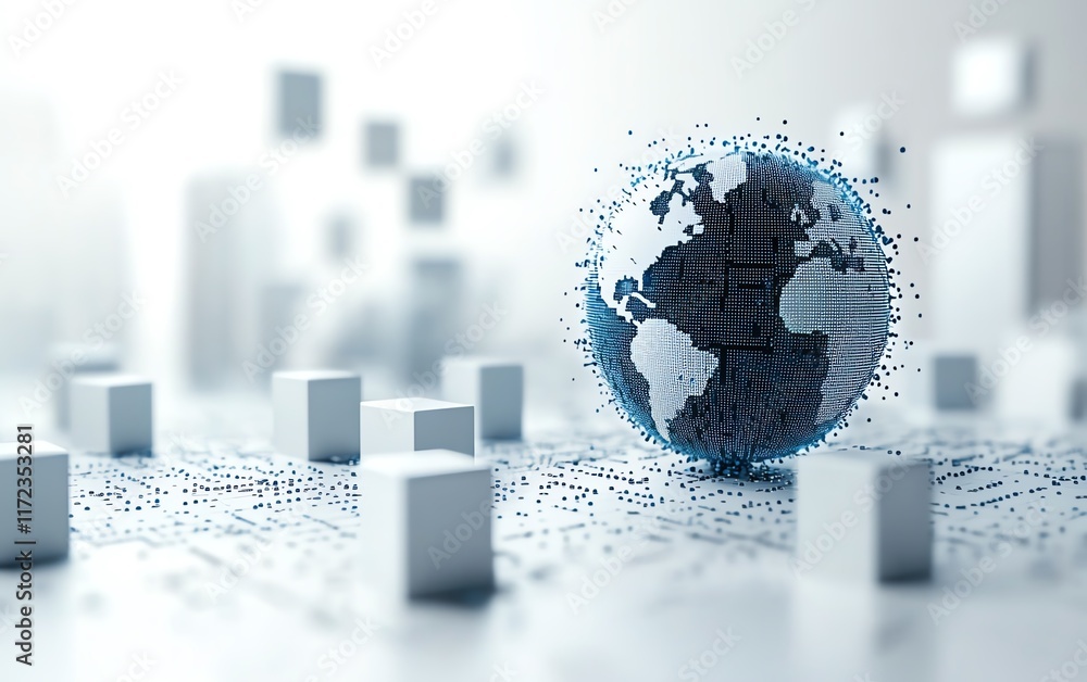 Poster blue and silver digital globe on a pristine white surface, surrounded by floating cubes representing