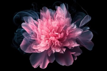 Obraz premium A stunning visual of a pink peony flower blossoming fully, set in sharp contrast against a black backdrop.