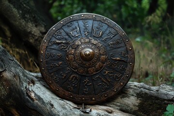 Fototapeta premium Ancient Decorative Shield Resting on a Weathered Log in a Forest Clearing Surrounded by Lush Greenery