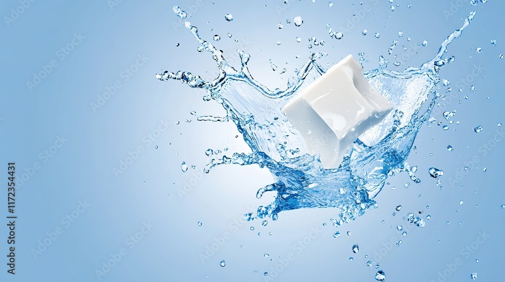 Poster splash of water with ice cube creating beautiful ripples and bubbles
