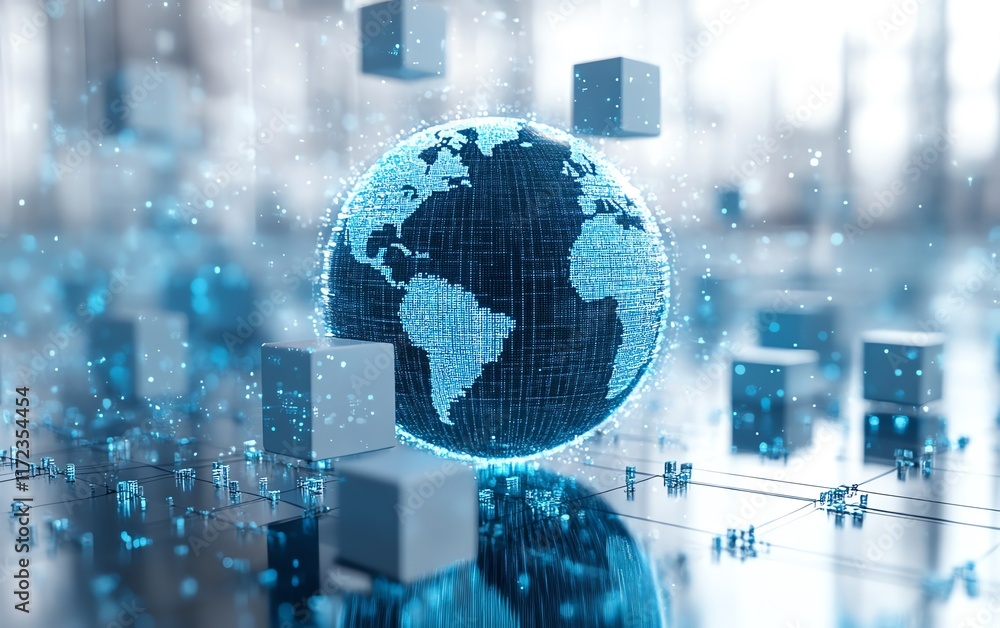Poster blue and silver digital globe on a pristine white surface, surrounded by floating cubes representing