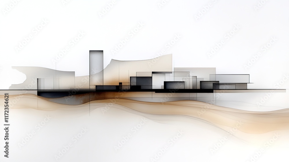Poster abstract cityscape with fluid lines and soft color gradients