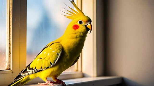 Vibrant yellow cockatiel perched by a window, sunlight illuminating feathers, exuding a playful and cheerful atmosphere