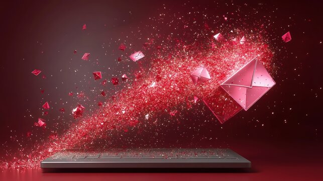Pink email exploding from laptop.