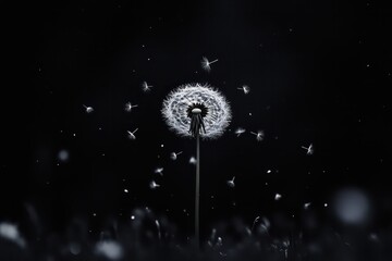 A fully blossomed dandelion surrounded by gently falling seeds, set against a stark black background.