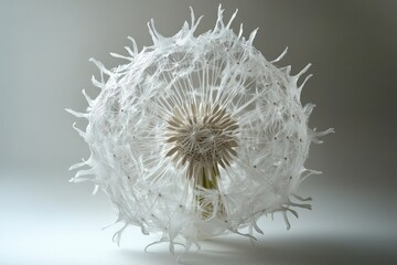 A fully blossomed white dandelion head with intricate details of its tiny, feathery seeds.
