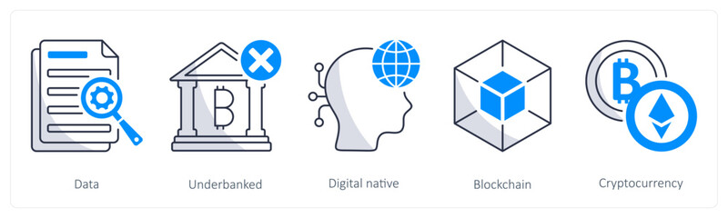 A set of 5 bitcoin icons as data, underbanked, digital native