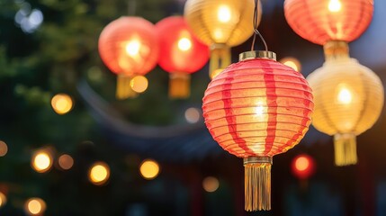 Fototapeta premium Chinese new year lanterns vibrant concept. Lanterns in bold red and gold hues floating in the night sky, their brilliance creating a vibrant display of celebration
