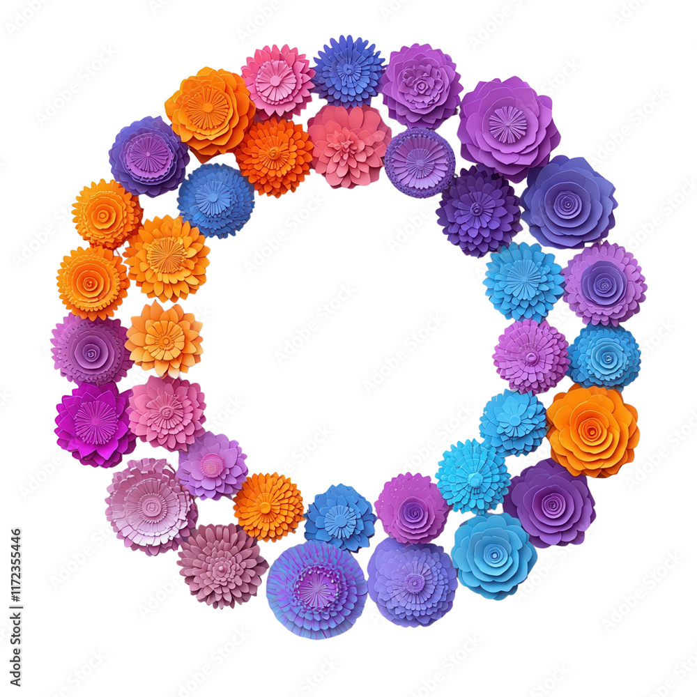 Poster a vibrant circular arrangement of colorful flowers in various shapes and sizes, showcasing intricate