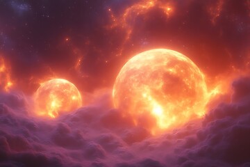 Fiery twin suns rise above purple clouds in space.