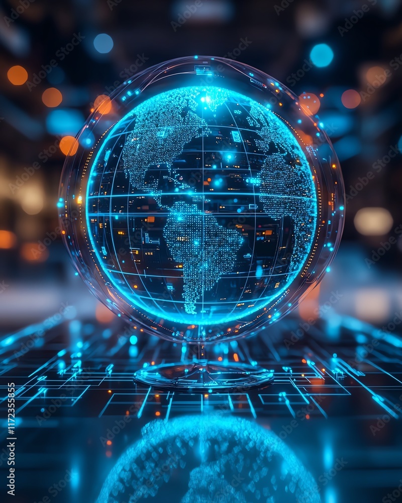 Poster blue glass globe with a glowing effect, placed on a white surface, surrounded by small data blocks a