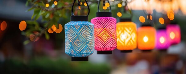 Chinese new year lanterns vibrant concept. Lanterns with bright geometric patterns glowing in bold colors, adding energy and style to the festival decorations