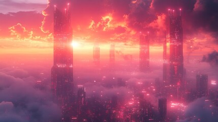 Futuristic cityscape with towering skyscrapers and vibrant sunset clouds